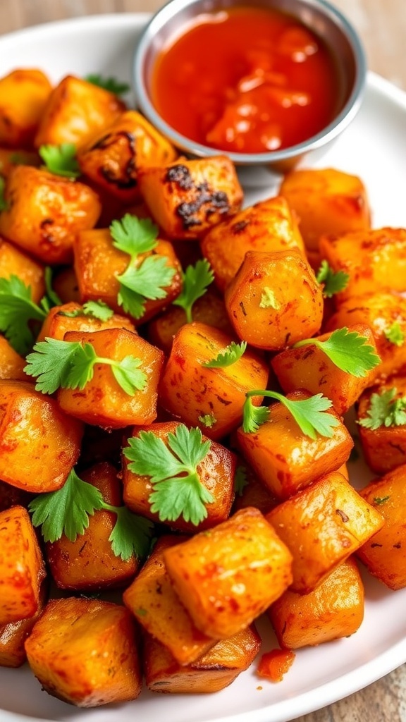 Crispy potato 65 served on a plate, garnished with coriander, with a bowl of chutney on the side.